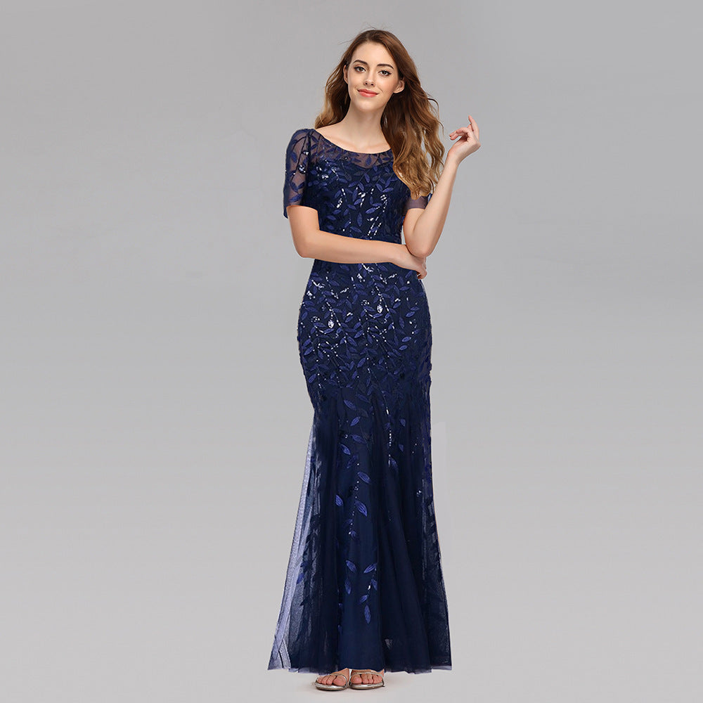 Elegant Lace & Embroidered Round Neck Floor-Length Dress