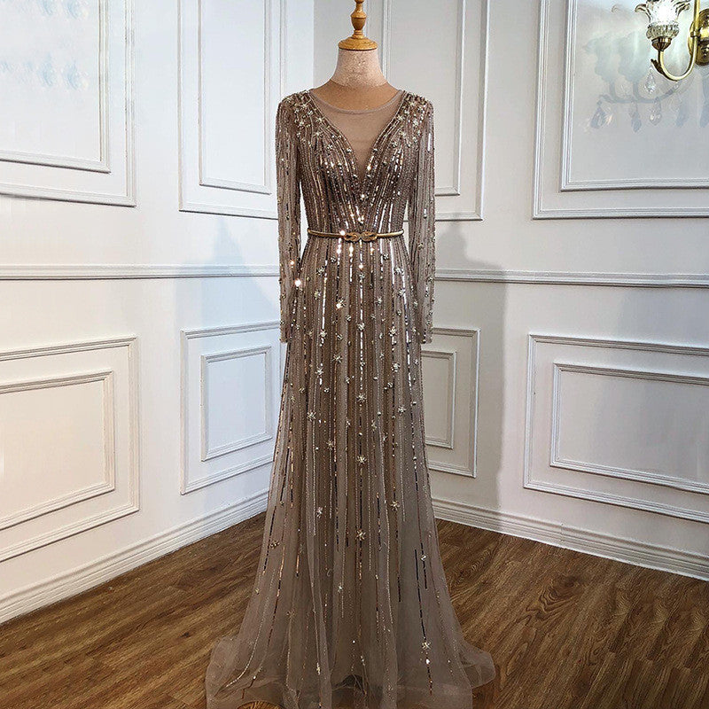 V-Neck Knitted & Organza Long Sleeve Dress – Gray, Brown, Gold, Aqua Blue