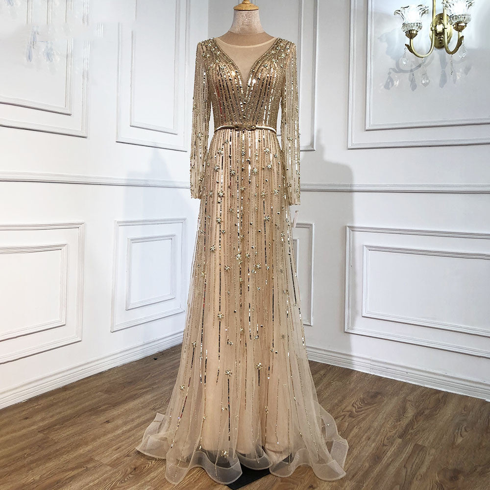 V-Neck Knitted & Organza Long Sleeve Dress – Gray, Brown, Gold, Aqua Blue