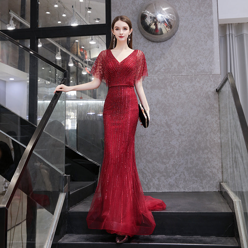 Fashion Solid Color Fishtail Dress with Flying Sleeves – Mid Waist, Black / Wine Red / Gold / Gray