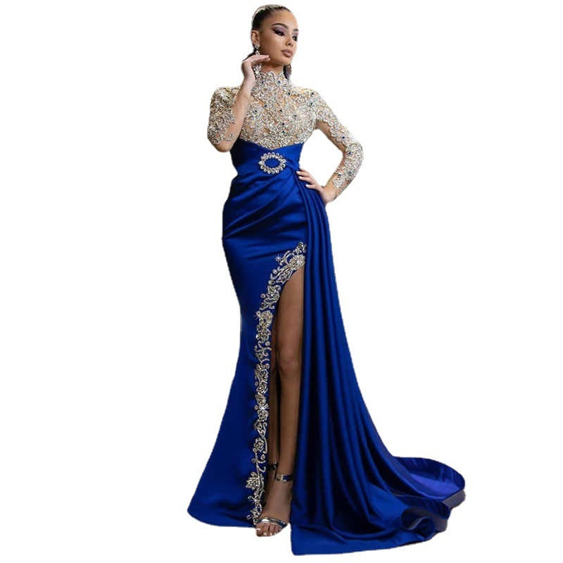Women's Elegant Embroidered Long Sleeve Maxi Dress – Blue Mid-Waist Commuter Style