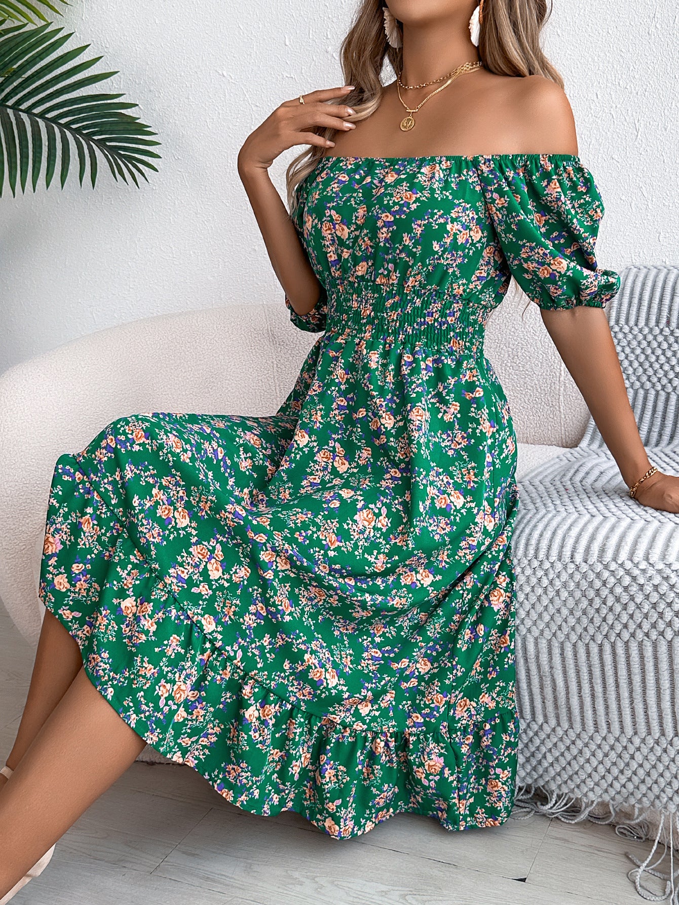 Floral Ruffle High Waist Dress – Short Sleeve Polyester Summer Dress