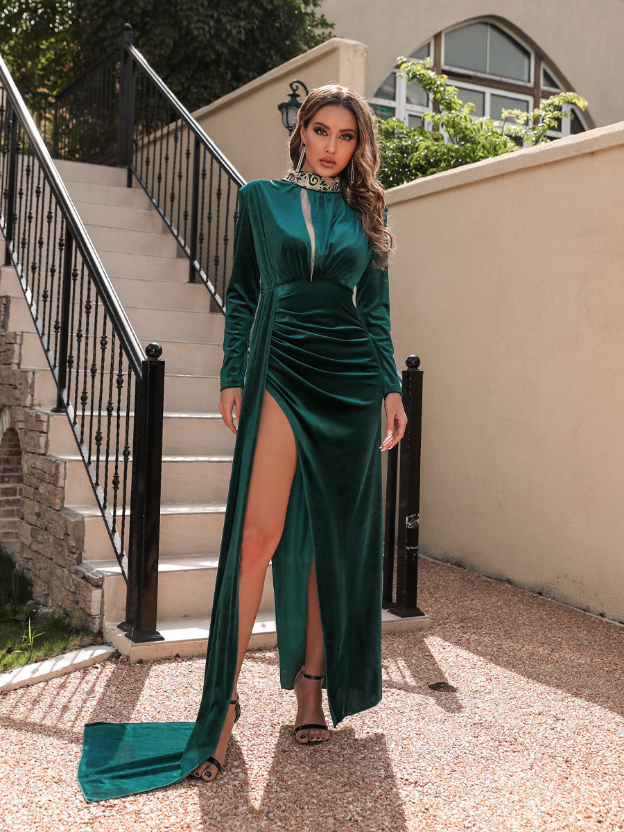Velvet Short Dress Elegant Korean Style in Green, Black & Wine Red