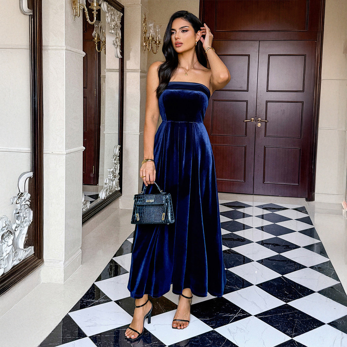 Solid Color Sleeveless Midi Dress – Elegant Mid Waist Party Dres