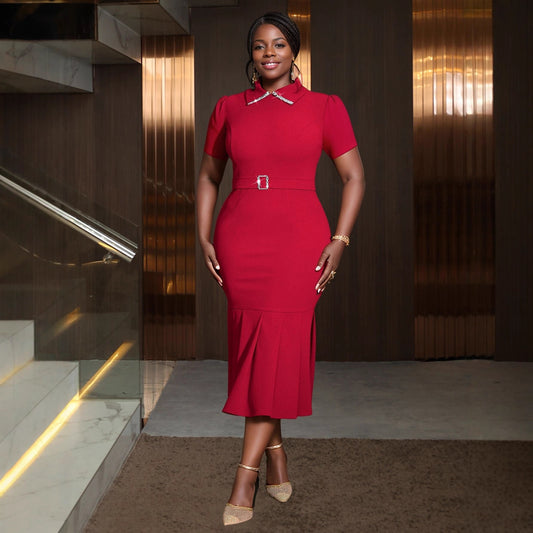 Stylish red high-waist pullover dress with short regular sleeves and splicing details. Perfect for elegant work or special occasions.