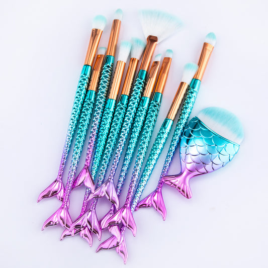 Shop Mermaid Shaped Makeup Brushes Kit (11pcs). Soft synthetic fiber bristles, stylish mermaid design, perfect for blending, contour, and eyeshadow. Professional or daily use
