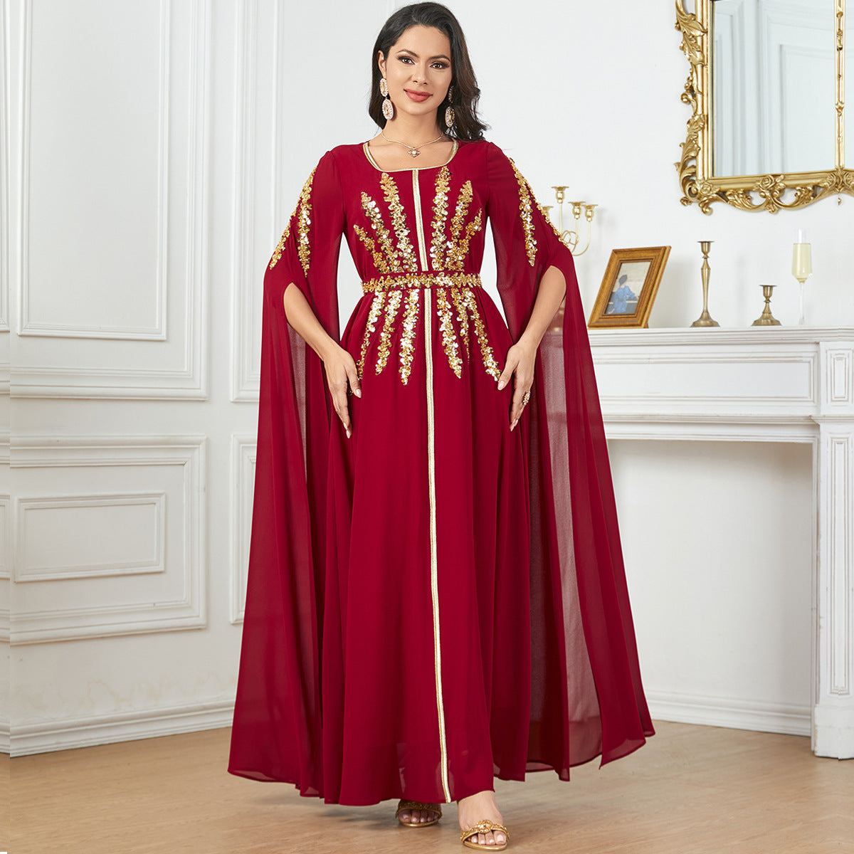 Chiffon Long Dress with Split Sleeves – Red / Black, M to XXL