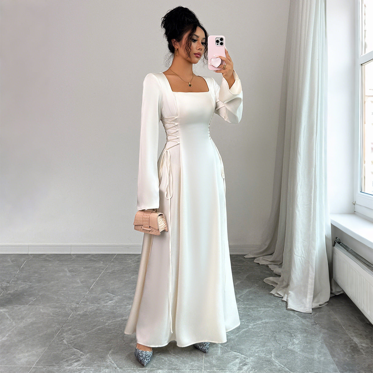 Elegant apricot bell sleeve dress with a flattering mid waist and long sleeves. Lightweight polyester design for casual to formal looks. Sizes S–XL.
