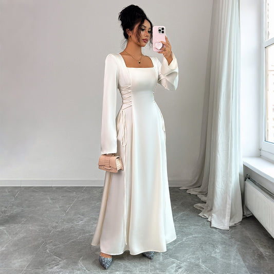Elegant apricot bell sleeve dress with a flattering mid waist and long sleeves. Lightweight polyester design for casual to formal looks. Sizes S–XL.
