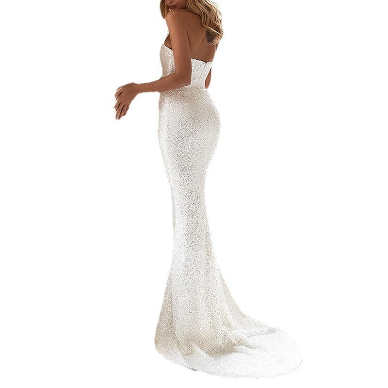 White High-Waist Lace Dress with Sequins – Sleeveless One-Step Skirt, S–XXL