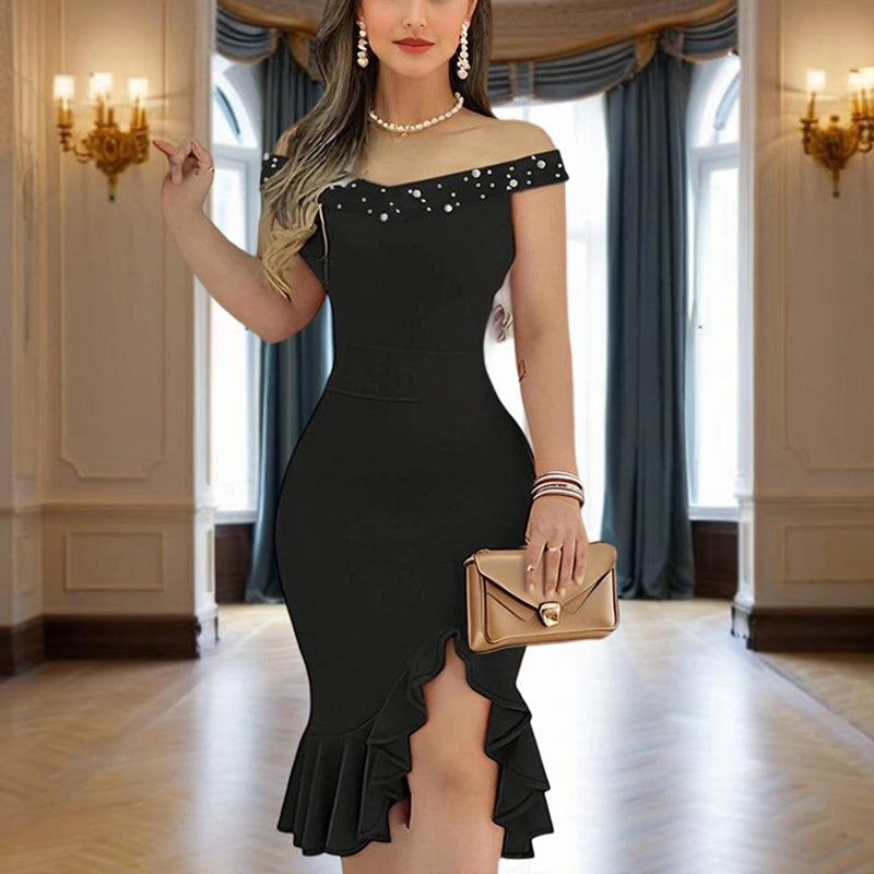Women's Beaded Off-Shoulder Bodycon Dress – Ruffle Hem High-Slit Midi Dress