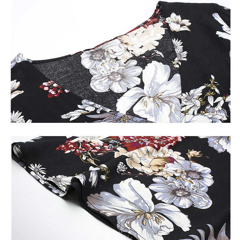 Printed V-Neck Midi Dress – High Waist Flowy Hem Dress with Short Sleeves
