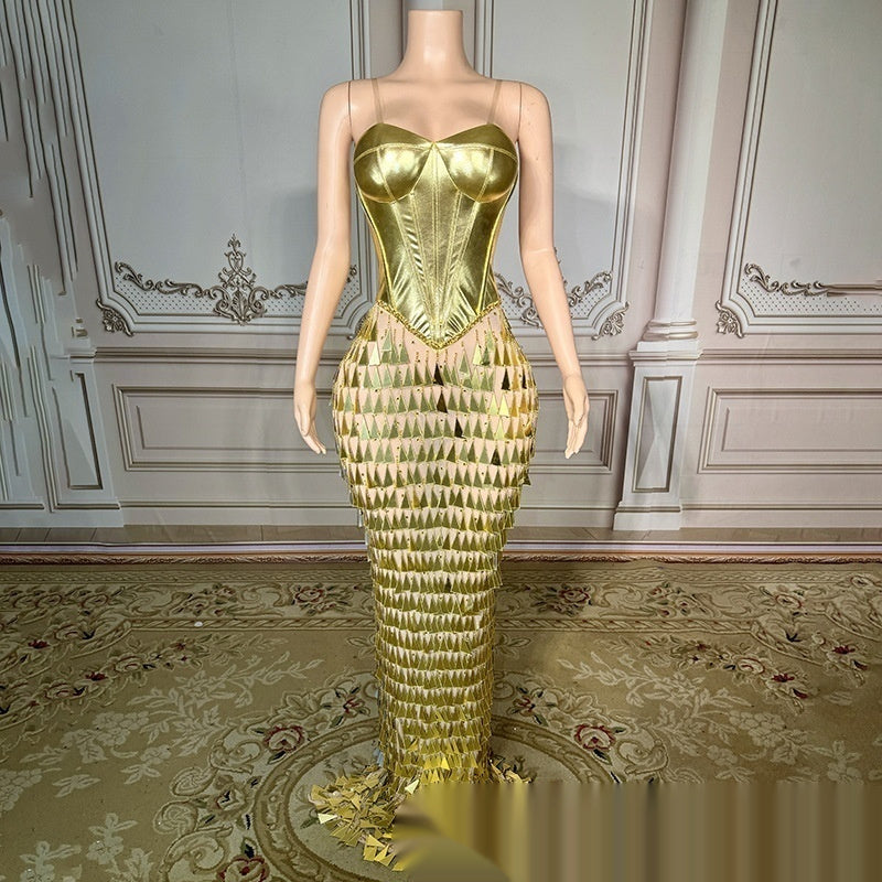 Gold Floor-Length Sleeveless Party Dress with Diamond Detailing