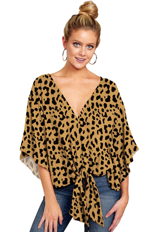 Blouse Leopard Print Shirts Floral Tie Front Blouses Batwing Summer Oversize Ladies Tops