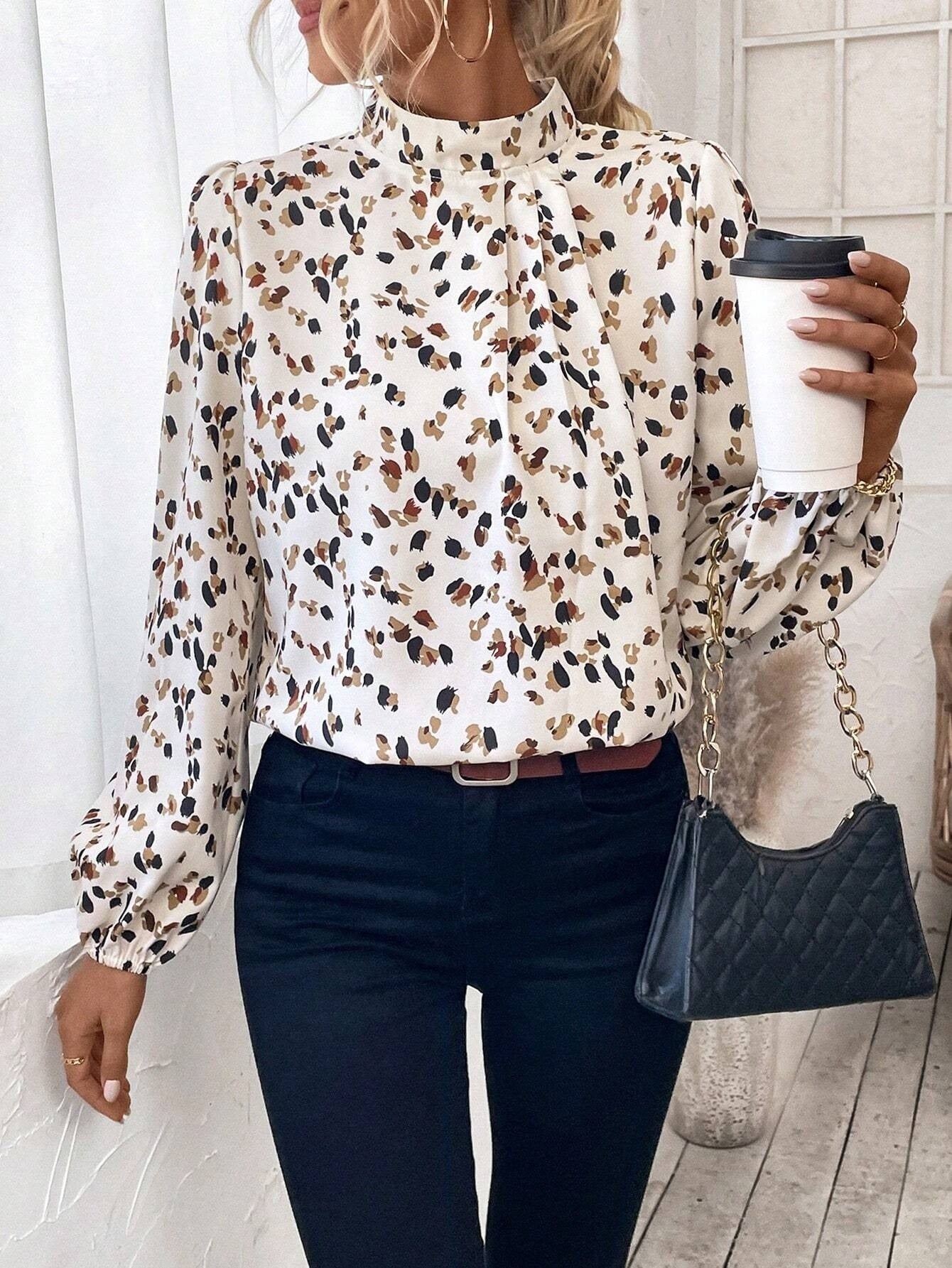 Women's White Lantern Sleeve Blouse Elegant Long Sleeve Polyester Top