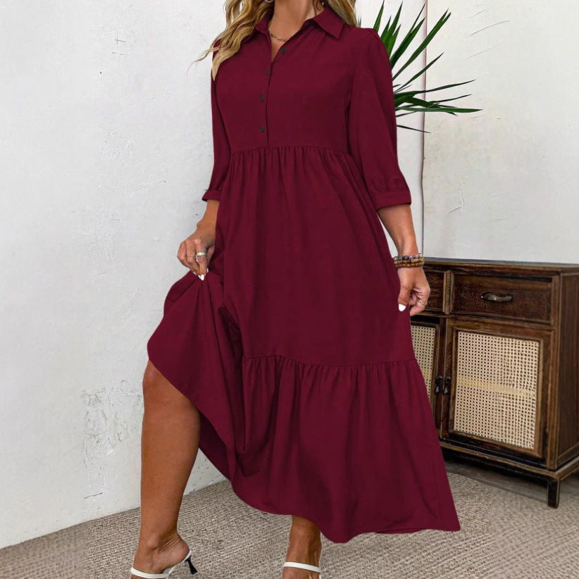 Wine Red Swing Maxi Dress – Plus Size European Style Long Dress
