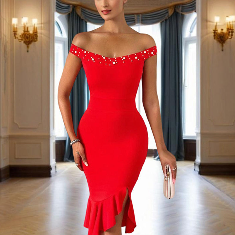 Women's Beaded Off-Shoulder Bodycon Dress – Ruffle Hem High-Slit Midi Dress