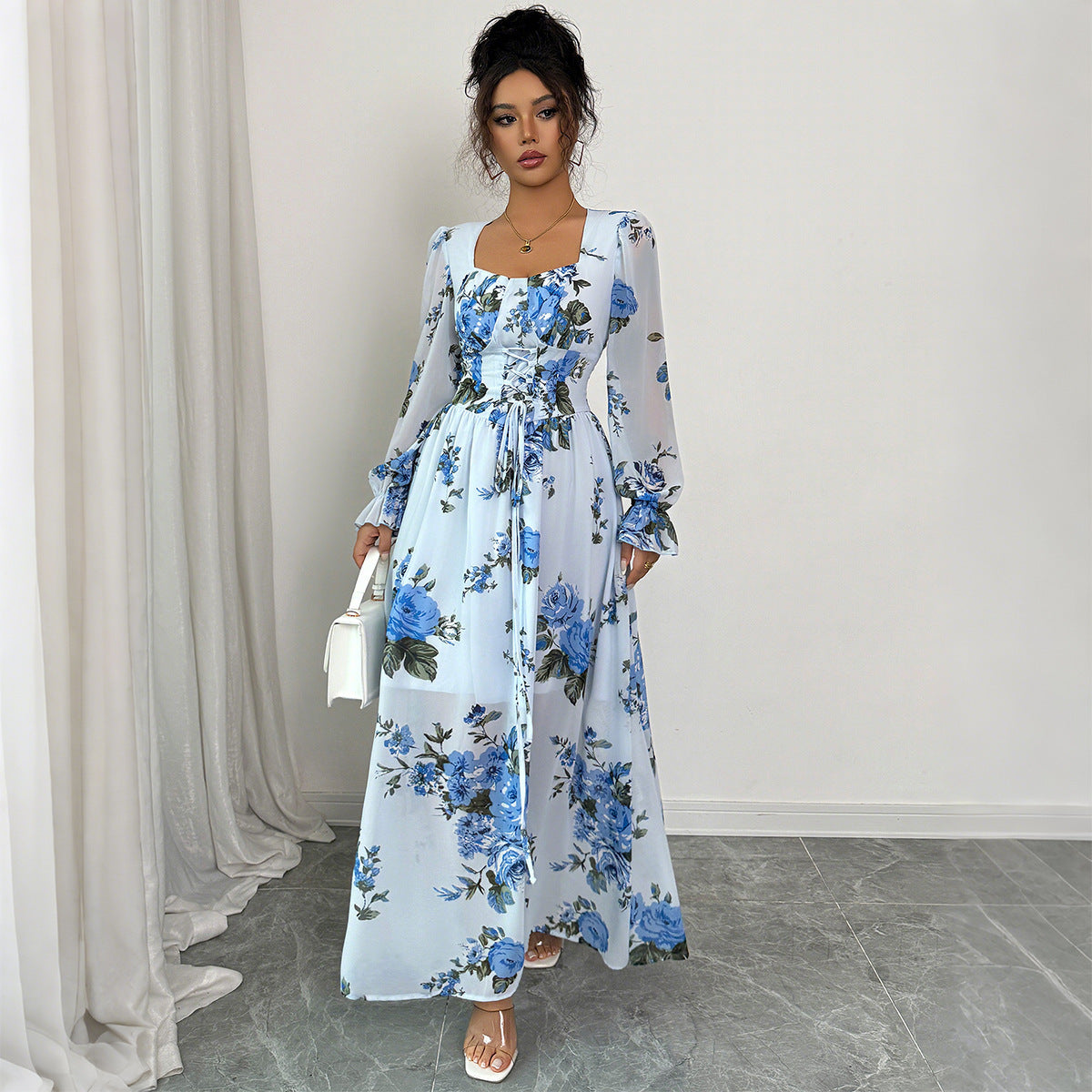 Women's Blue Floral Print Long Sleeve Dress – Mid Waist Elegant Casual Dress