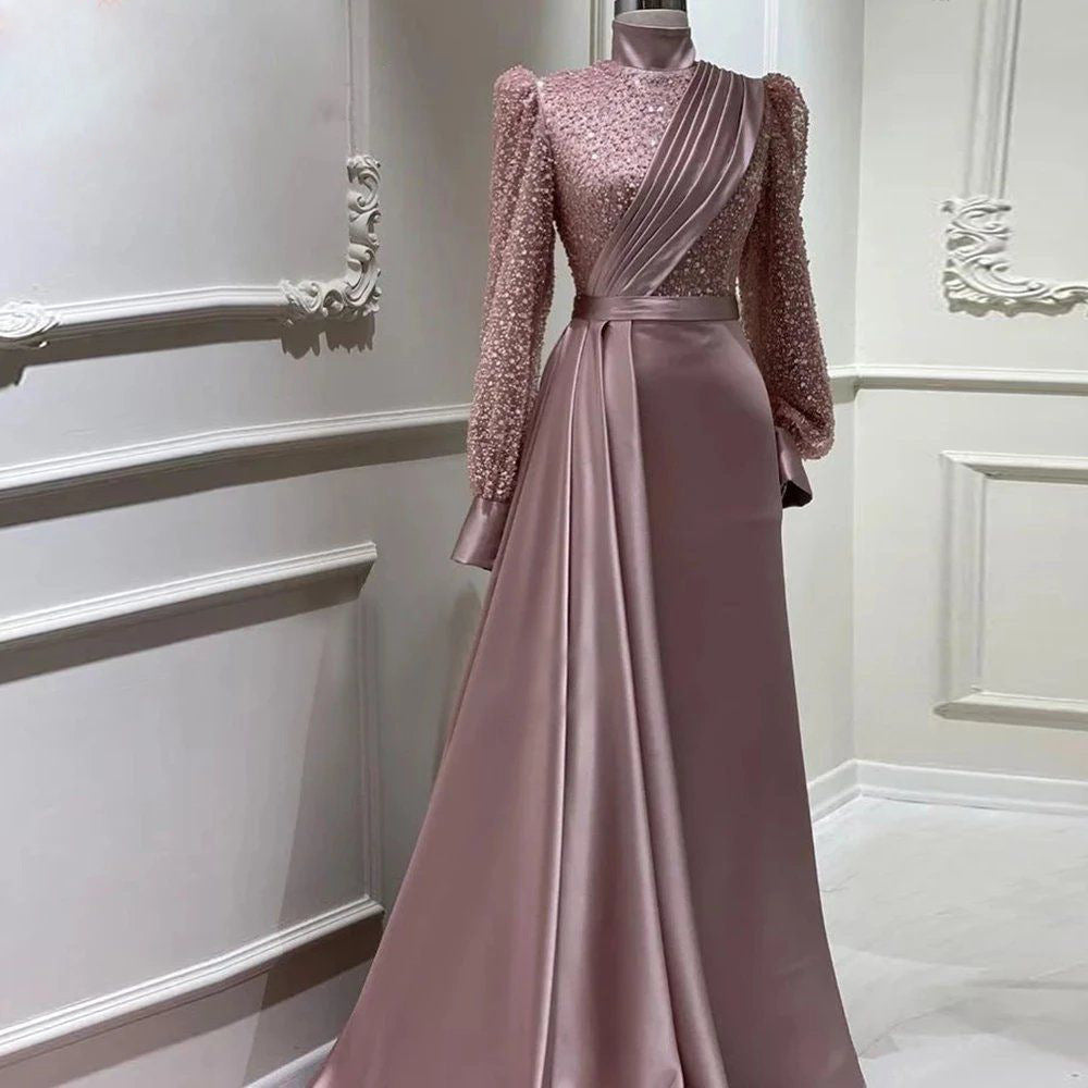 Satin Long Sleeve Zipper Dress with Beaded Detail