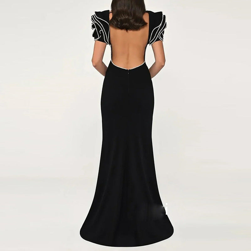 Black Fishtail Polyester Dress with Folding Details – S to XL