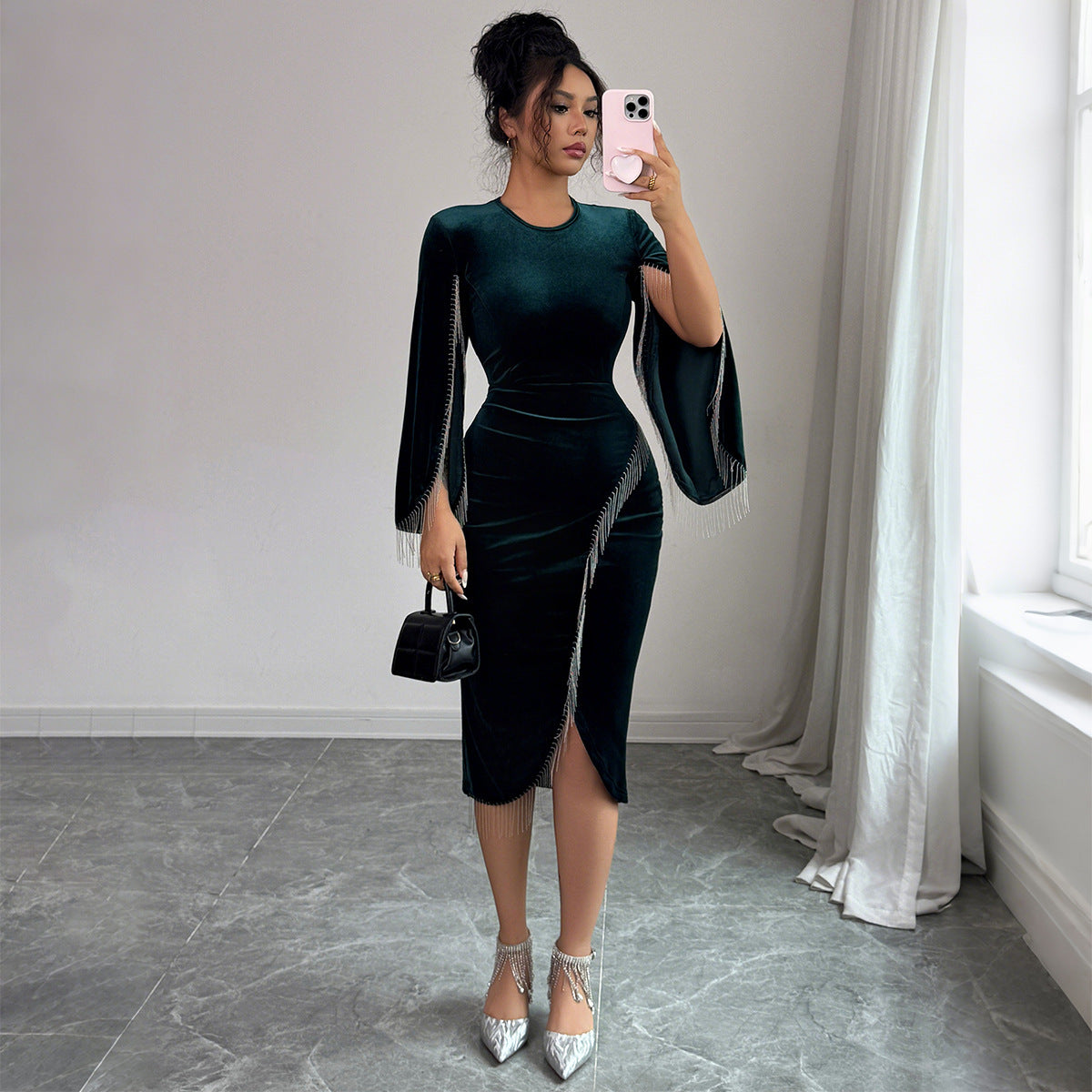 Chic dark green bell sleeve dress with long sleeves and mid waist. Elegant, flowy, and perfect for day-to-night style. Sizes S–XL. Lightweight polyester
