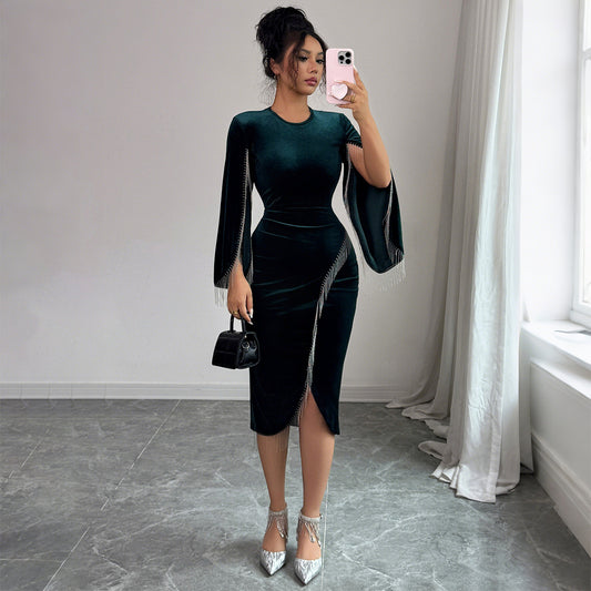 Chic dark green bell sleeve dress with long sleeves and mid waist. Elegant, flowy, and perfect for day-to-night style. Sizes S–XL. Lightweight polyester