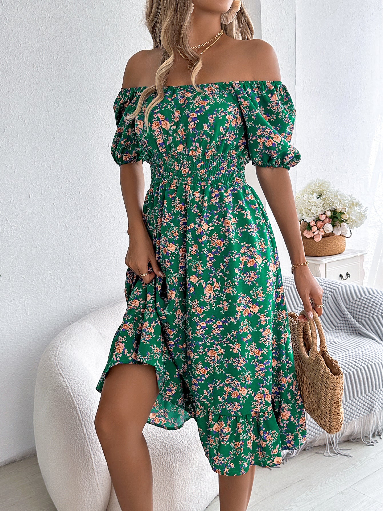 Floral Ruffle High Waist Dress – Short Sleeve Polyester Summer Dress