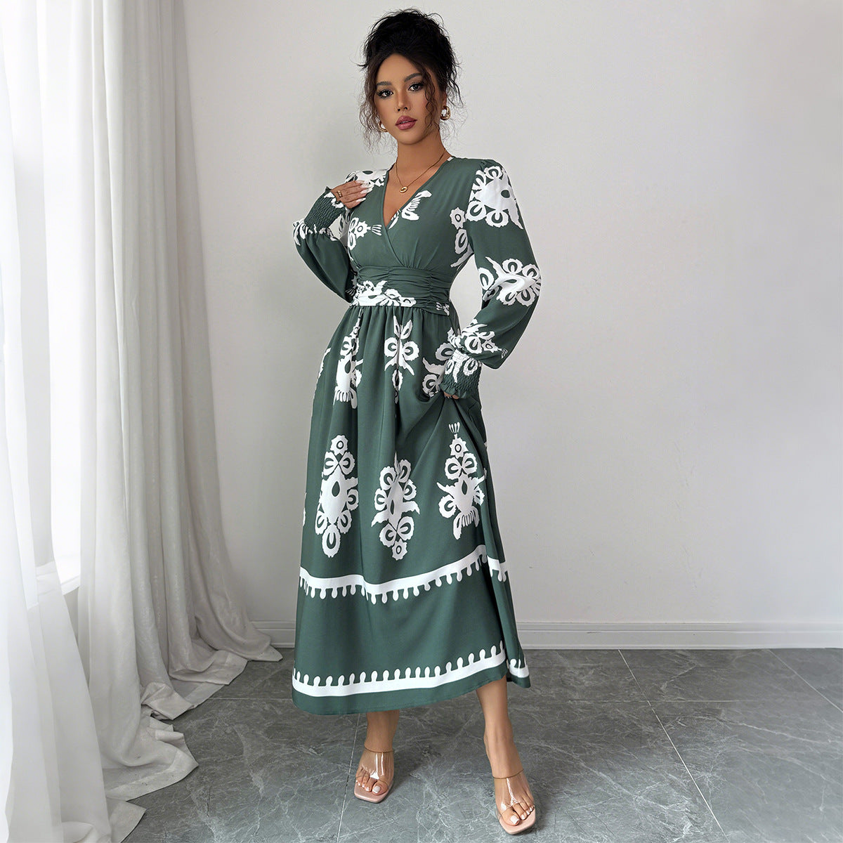 Women's Army Green Ethnic Print Long Sleeve Dress – Mid Waist Boho Style