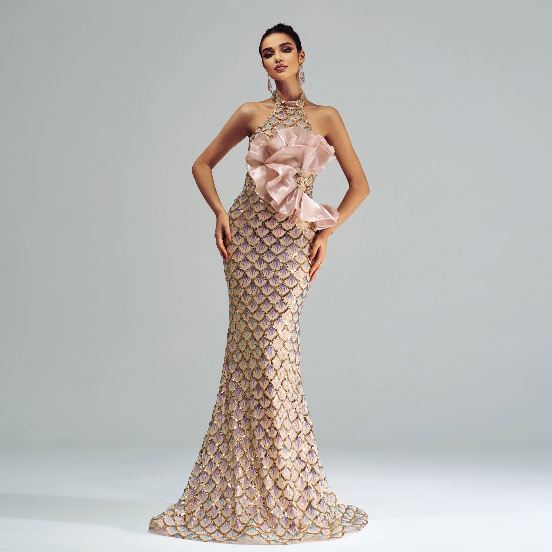 Turn heads in this sexy champagne long dress with high-waist fit, sequined hip skirt, and collage stitching. Made from polyester, perfect for parties or special occasions. Sizes S–XL.