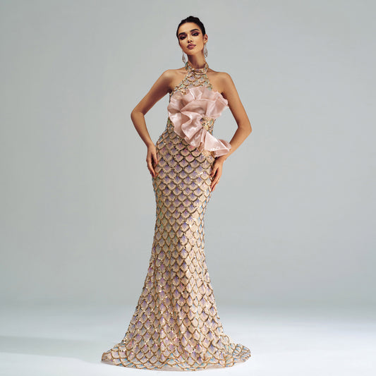 Turn heads in this sexy champagne long dress with high-waist fit, sequined hip skirt, and collage stitching. Made from polyester, perfect for parties or special occasions. Sizes S–XL.