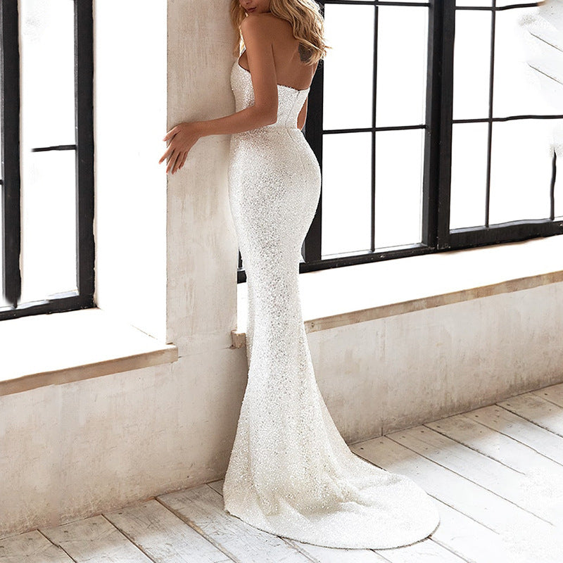 White High-Waist Lace Dress with Sequins – Sleeveless One-Step Skirt, S–XXL