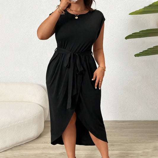 Sleek and sexy black bodycon dress for plus-size women. High waist, solid color, curve-hugging fit. Sizes 1XL–3XL in soft polyester.