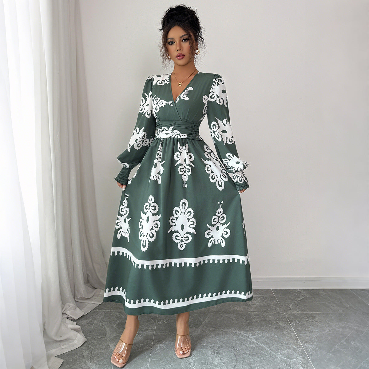 Women's Army Green Ethnic Print Long Sleeve Dress – Mid Waist Boho Style