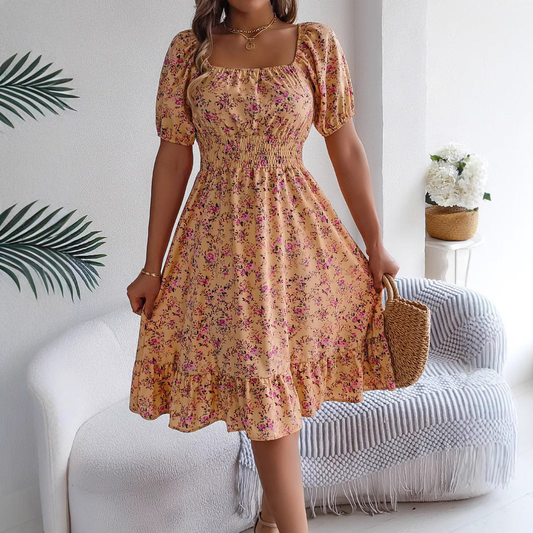 Floral Ruffle High Waist Dress – Short Sleeve Polyester Summer Dress