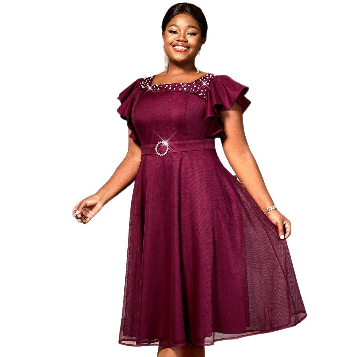 Red Plus-Size Socialite A-Line Dress with Ruffled Sleeves – Beaded, Mid-Length, 0XL to 4XL