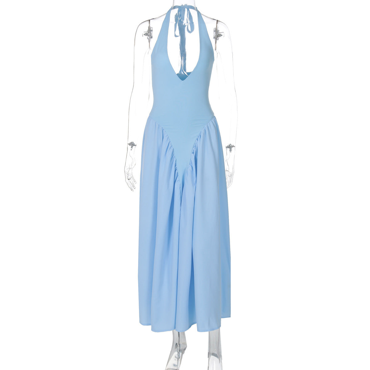 Sexy Deep V-Neck Halter Dress with Hollow Out Detailing – Flared Hem Maxi Dress