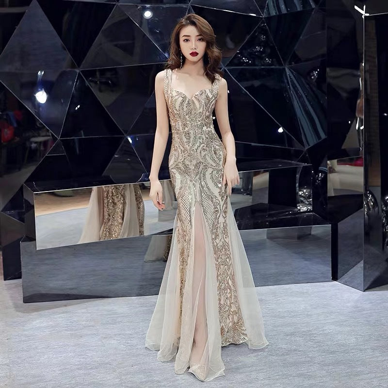 Sleeveless Sequin Long Dress with Zipper – Green, Black, Gold & Purplish Red