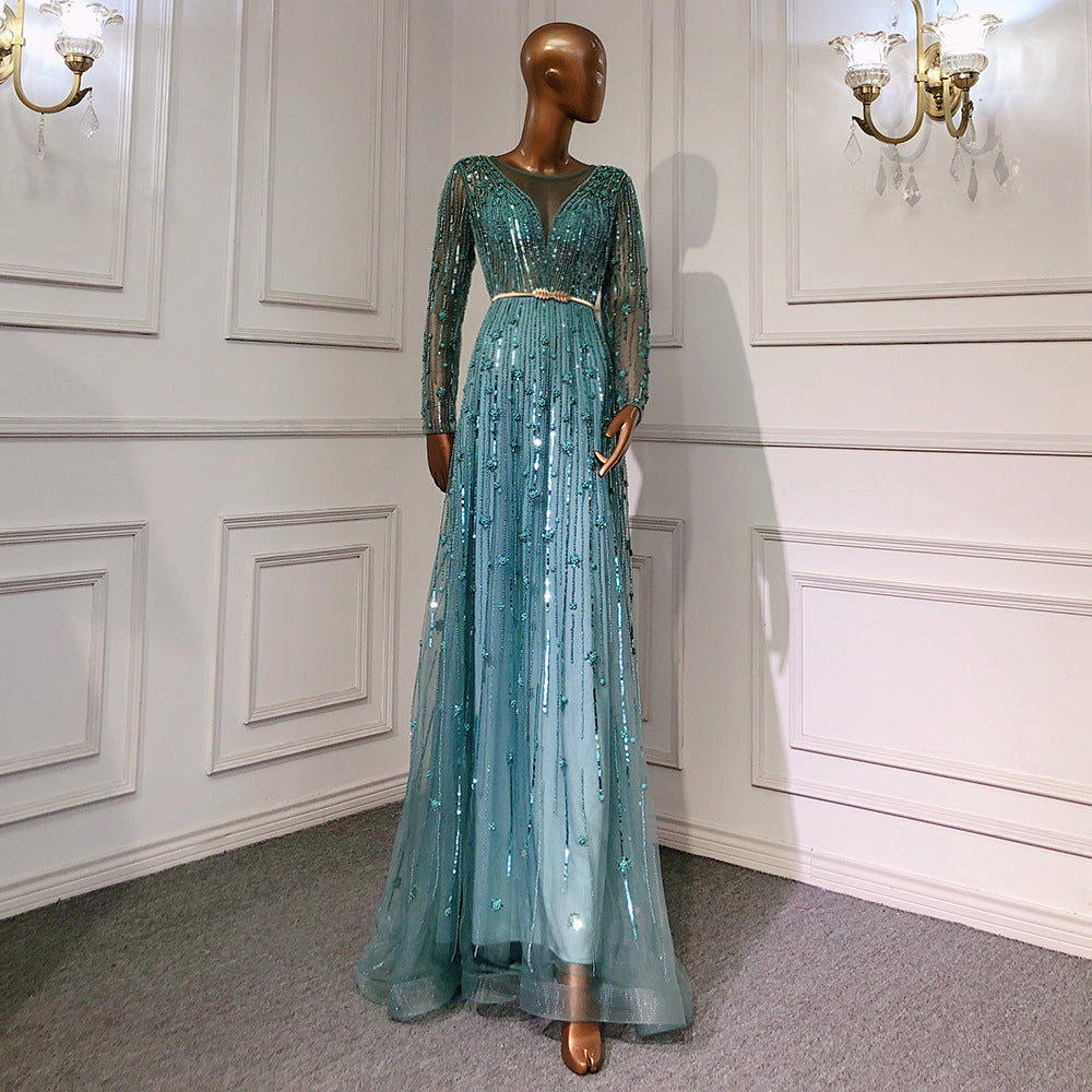 V-Neck Knitted & Organza Long Sleeve Dress – Gray, Brown, Gold, Aqua Blue