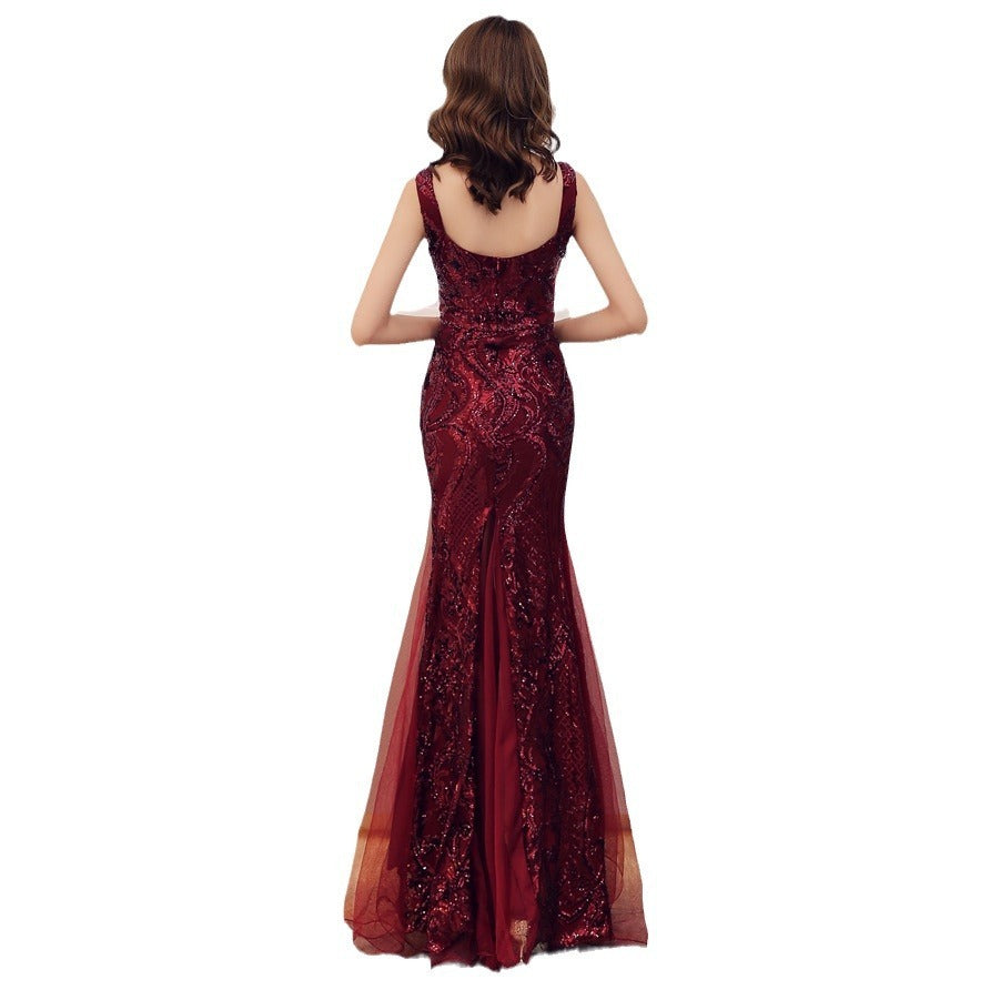 Sleeveless Sequin Long Dress with Zipper – Green, Black, Gold & Purplish Red