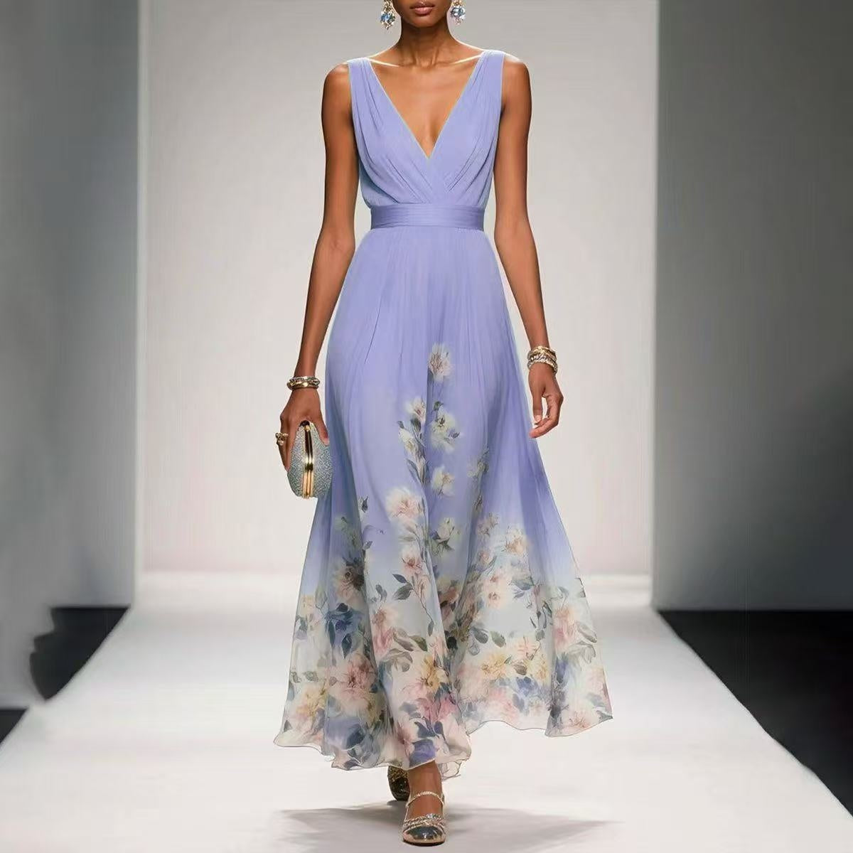Light Blue High-Waist Sleeveless Long Dress – European & American Style