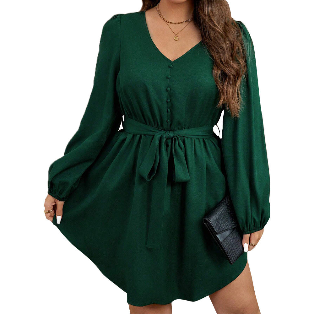 Plus Size Green A-Line Dress – High Waist Solid Color Polyester Dress