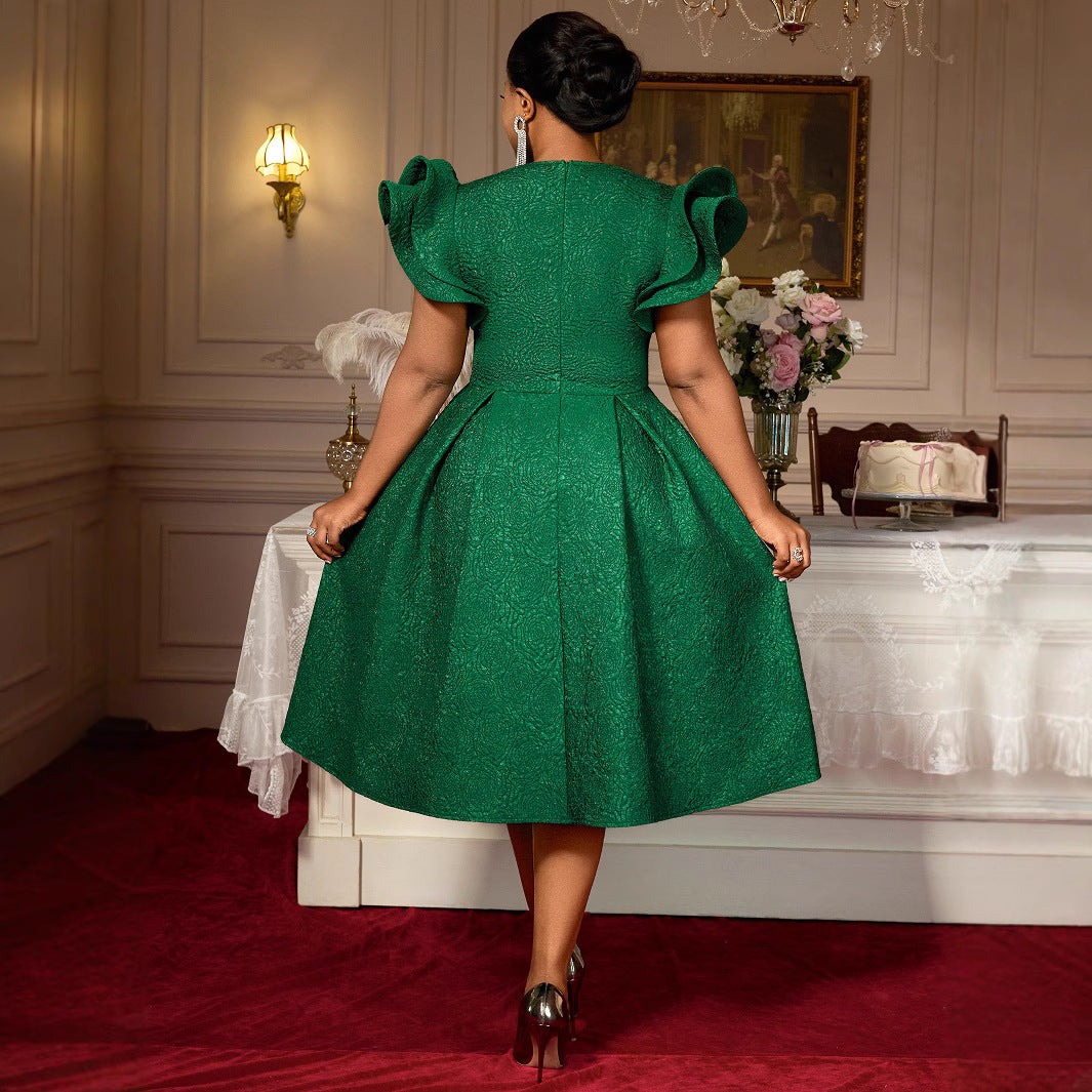 Dark Green Plus-Size Socialite Dress with Ruffled Sleeves Jacquard