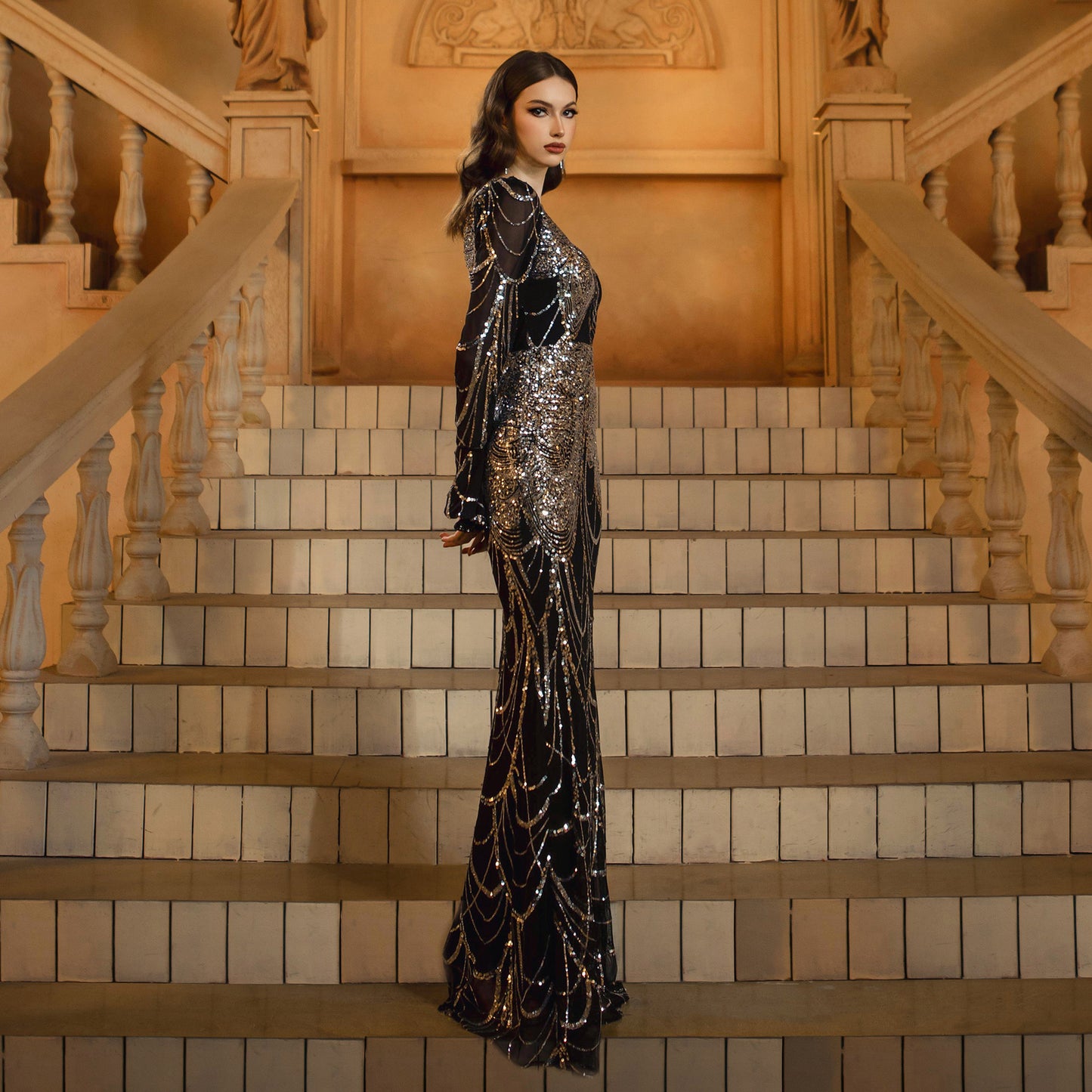 Black & Silver Sequin High-Waist Long Sleeve Evening Dress