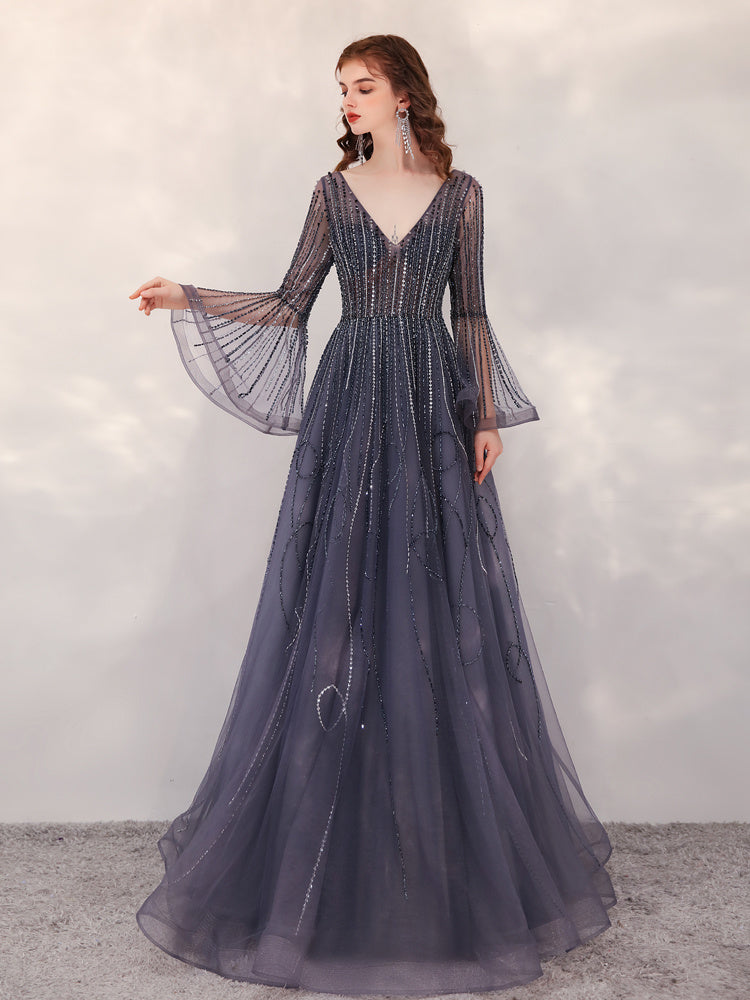 Plain Gray Trumpet Sleeve Dress with Zipper – Mid Waist