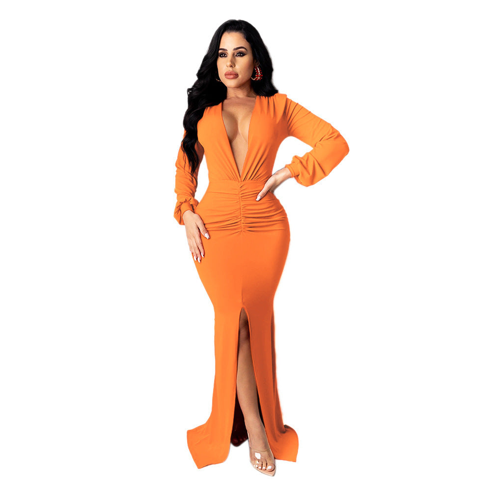 High-Waist Long Sleeve Dress – S–XXL – Yellow, Orange, Red, Black