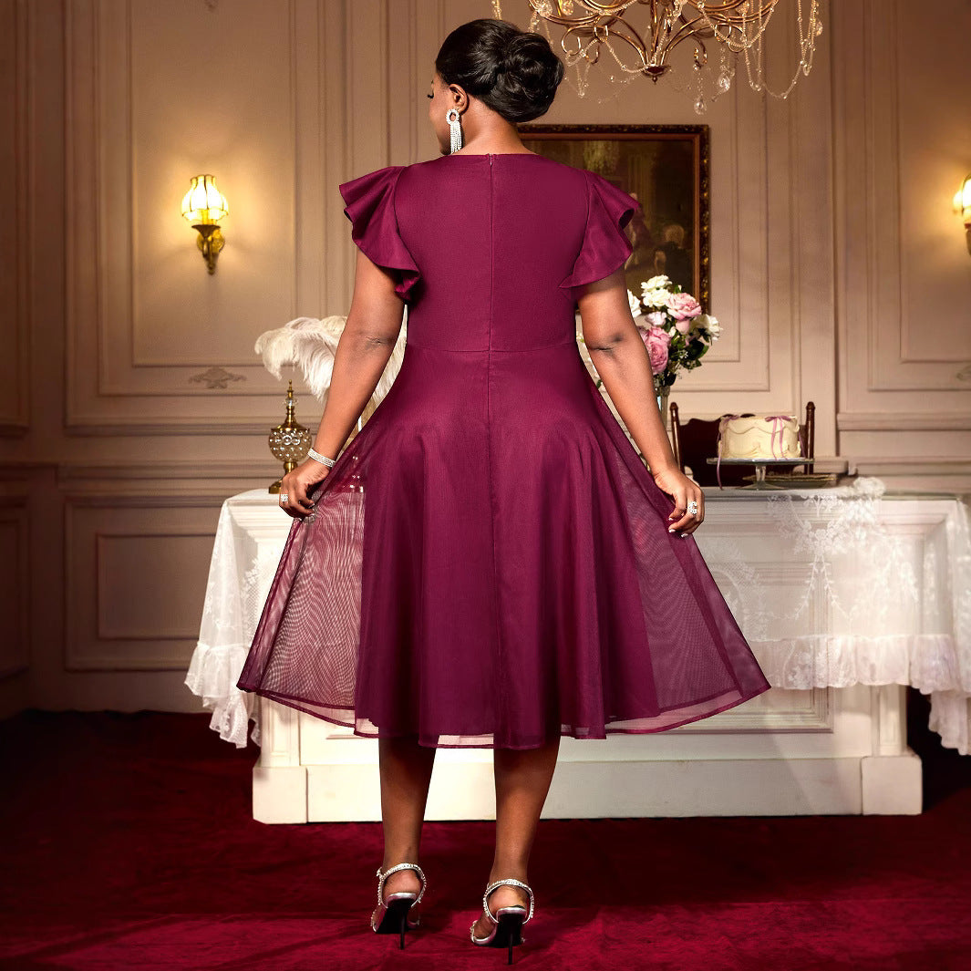 Red Plus-Size Socialite A-Line Dress with Ruffled Sleeves – Beaded, Mid-Length, 0XL to 4XL