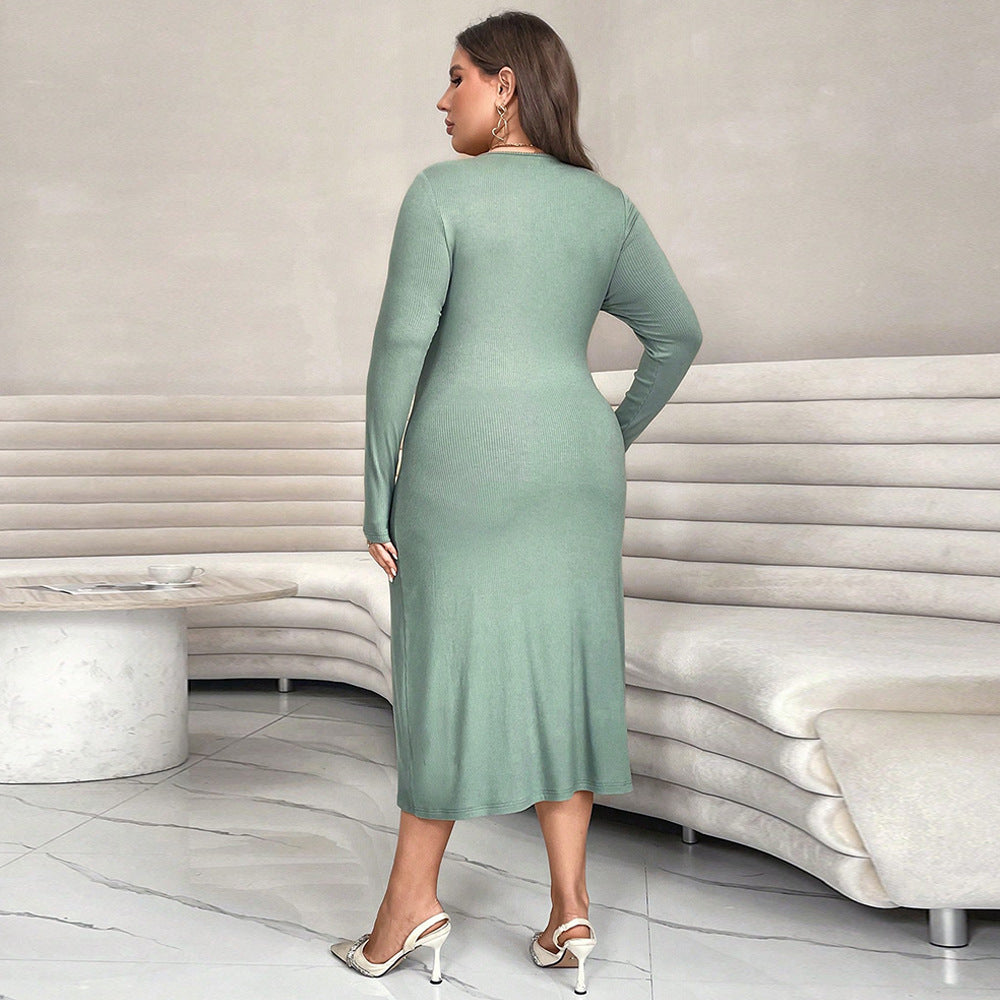 Plus Size Green Knitted One-Step Dress – Solid Color Mid Waist