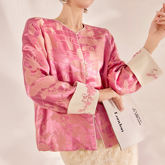 Shop Women’s Pink Silk Blouse in Chinese retro art style with floral embroidery & beaded details. Luxurious mulberry silk, regular fit, S–XL sizes.