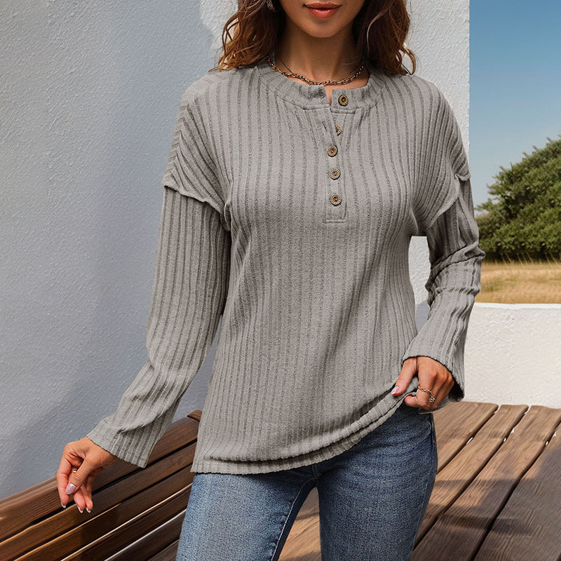 Women’s Khaki Pullover T-Shirt – Japanese Korean Casual Style with Button Detail