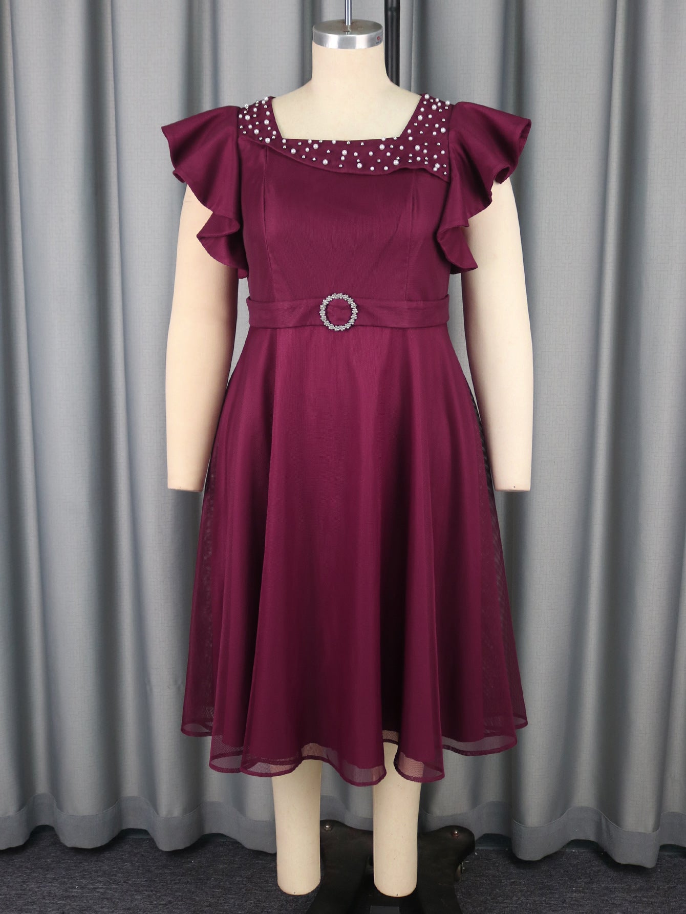 Red Plus-Size Socialite A-Line Dress with Ruffled Sleeves – Beaded, Mid-Length, 0XL to 4XL